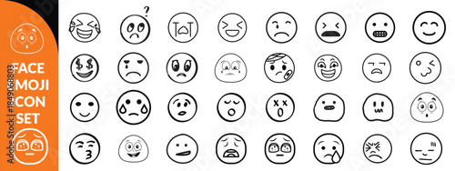 Face emoji icon set. Hand drawn doodle sketch style happy, angry, sad mood face emoticon background. Funny cartoon characters smile, wink, kiss emoji big icon set design. big set