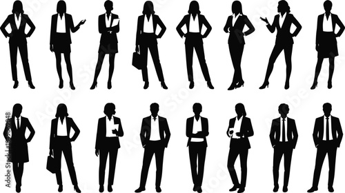 Business professional silhouette vector set with diverse formal poses for corporate, workplace, and leadership illustration themes.