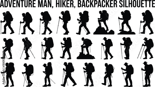 Adventure hiker silhouette vector set with backpack and trekking poses for outdoor, travel, and exploration illustration themes.