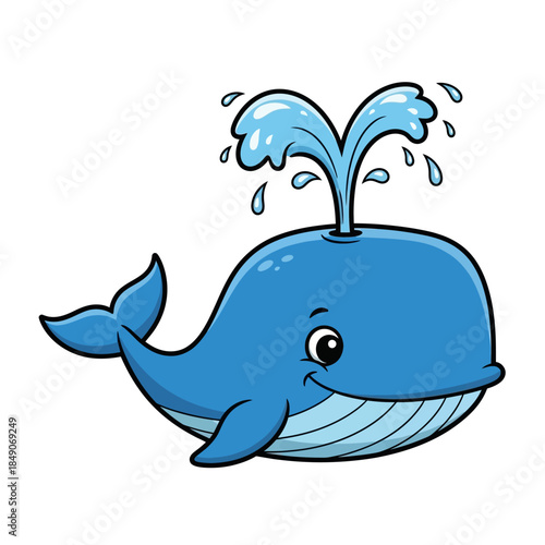 Smiling blue whale spouting water in playful ocean scene
