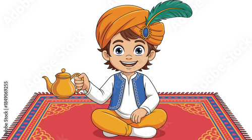 Cartoon boy in traditional attire with teapot on carpet for cultural, storybook, and festive illustration themes.