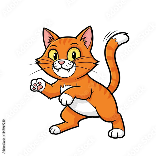 Playful orange cat dancing with excited expression and white paws