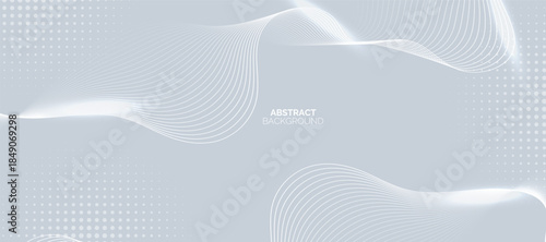 Grey abstract background with flowing particles. Smooth dynamic wavy lines. Modern banner template design. Suit for brochure, website, flyer, banner, poster.