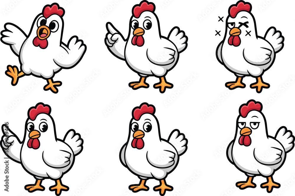 Obraz premium Cartoon chicken character set with expressive poses and emotions for farm, storytelling, and educational illustration themes.