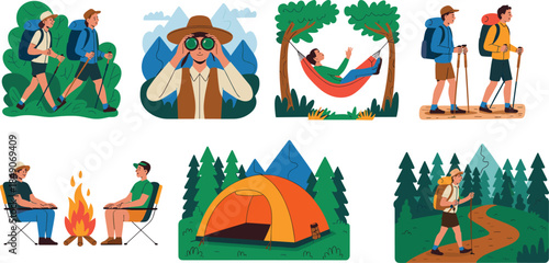 Cartoon camping and hiking activity scenes with tent, campfire, and nature exploration for outdoor, travel, and lifestyle themes.