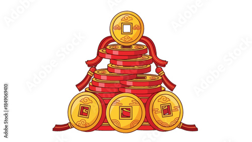 Digital tokens and cash representing cryptocurrency wealth and exchange