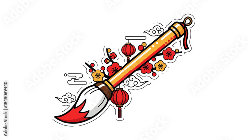Traditional Chinese sword with festive red lanterns and floral accents
