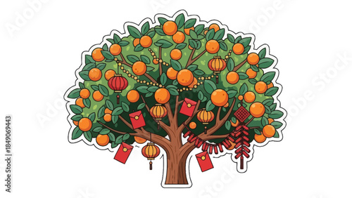 Colorful Tree with Fruit and Lanterns Decorative Artwork for Celebrations