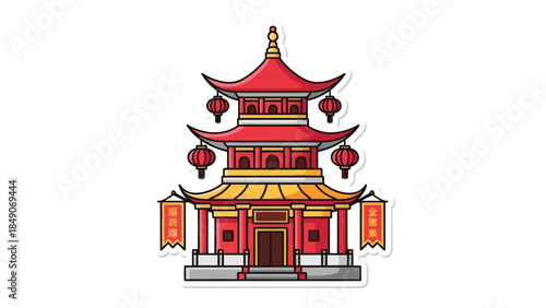 Colorful Illustration of Traditional Chinese Pagoda with Red Lanterns