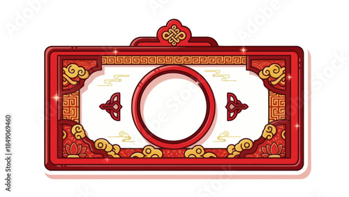 Ornamental Chinese-style door plaque featuring red and gold intricate patterns