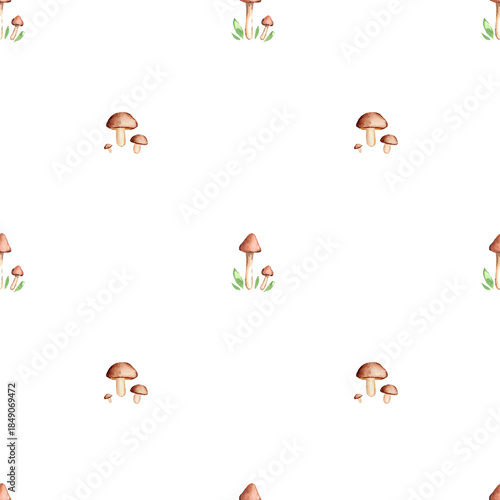 Cute Watercolor Mushrooms and Grass Minimal Pattern