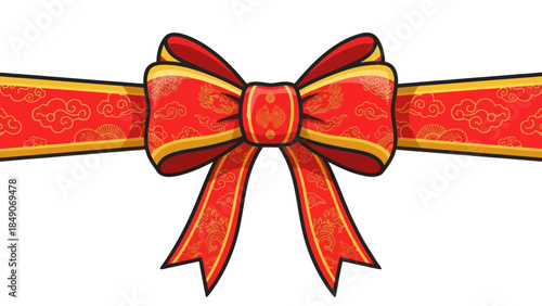 Festive red and gold decorative ribbon with intricate patterns for celebration