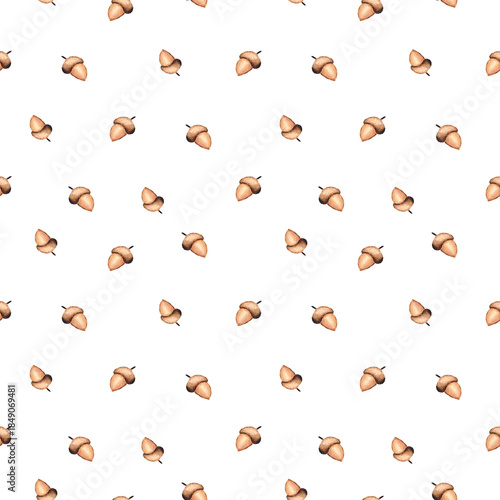 Warm Brown Watercolor Acorns Autumn Seamless Pattern