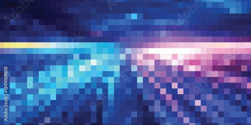 Abstract pixelated background with vibrant blue and purple light streaks digital art concept.