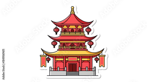 Stylized Illustration of Traditional Asian Pagoda with Red and Gold Accents