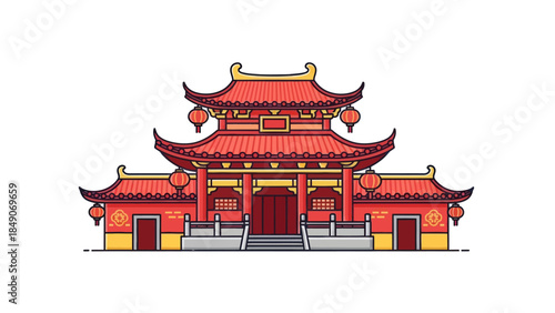 Traditional Asian temple with ornate pagoda roof and red lanterns showcasing