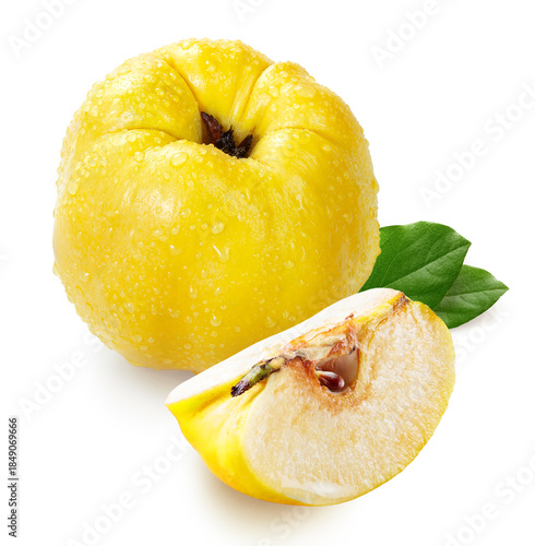 fresh yellow quince with leaf  and slice isolated on white background