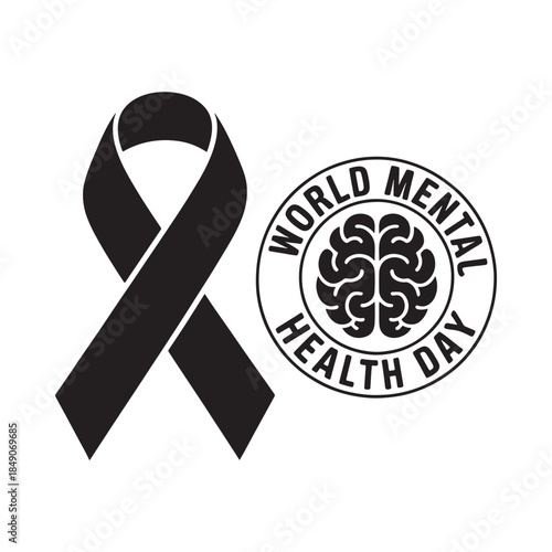 Black ribbon with world mental health day logo raising awareness