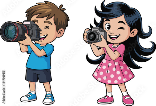 Cartoon children with cameras taking photos for creative, educational, and hobby-themed illustration projects.