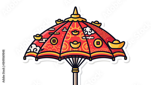Traditional Asian decorative parasol with vibrant red and gold patterns