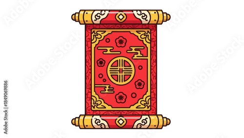 Traditional Chinese New Year Decorative Red Scroll with Gold Embellishments