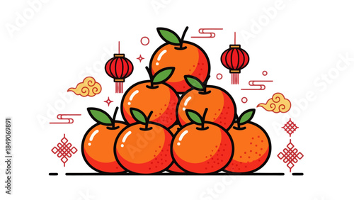 Colorful Chinese New Year Celebration with Ripe Mandarins and Traditional