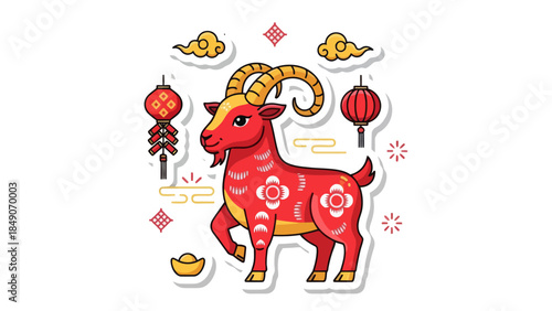 Festive Chinese New Year Illustration Featuring a Red Zodiac Goat