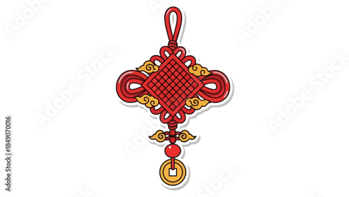 Intricate traditional Chinese knot decoration with vibrant red and gold colors