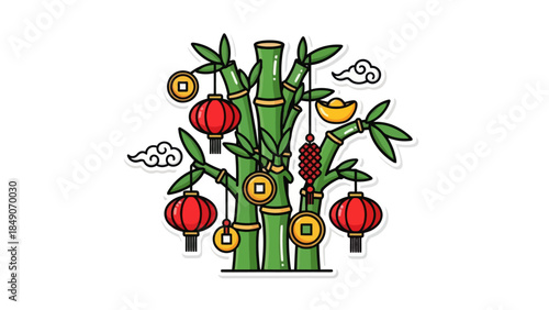 Festive Asian Lanterns and Bamboos Illustration for Cultural Celebrations