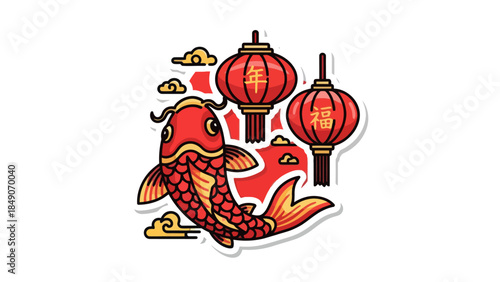 Vibrant Chinese New Year Illustration Featuring a Lucky Fish and Lanterns