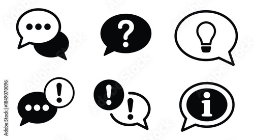 Collection of communication icons featuring speech bubbles with dots, question mark, lightbulb, exclamation point, and information symbol, illustrated