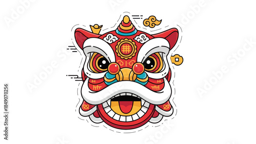 Vivid Traditional Chinese Lion Dance Mask with Bright Colors and Symbols