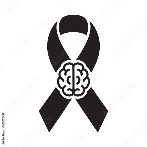 Black ribbon with a brain symbol representing mental health awareness and support