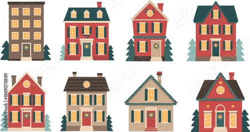 Cartoon holiday house vector set with festive decorations and evergreen trees for seasonal, architectural, and celebration illustration themes.