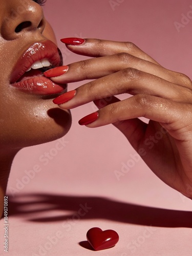 Valentine Beauty Close Up With Red Lips
