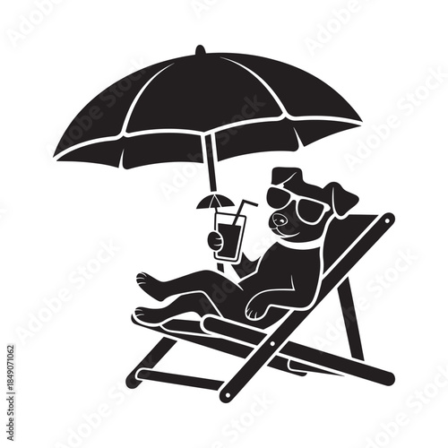 Relaxing dog enjoys a cool drink under an umbrella on a deck chair
