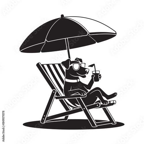 Relaxing canine enjoys a sunny day with a drink and beach chair