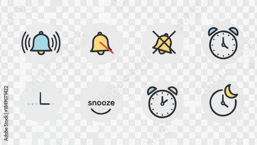 Collection of alarm and notification icons including bells and clocks.