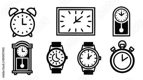 Collection of various clocks and timekeeping devices illustrated in a simple line art style.