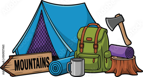 Cartoon mountain camping gear set with tent, backpack, mug, axe, and sleeping mat for outdoor and adventure themes.