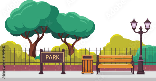 Cartoon park scene with bench, lamp, sign, fence, and trees for lifestyle, community, and outdoor illustration themes.