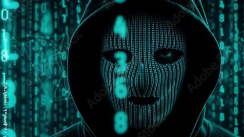 Hooded cybercriminal in digital mask surrounded by glowing binary code digits and abstract futuristic hacking interface background