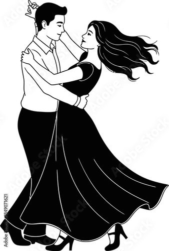 black silhouettes of couples dancing together in various poses on white background