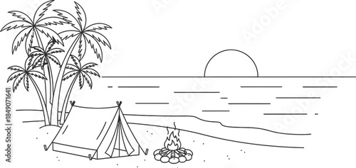 black and white illustration of a tent on a beach by a campfire with palm trees
