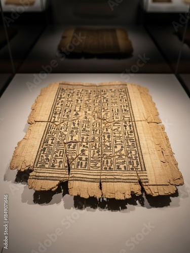 Ancient Egyptian papyrus with hieroglyphics on display in a museum