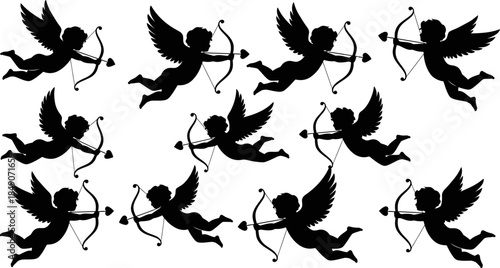 Set of cupid silhouettes flying with bows and arrows on white background