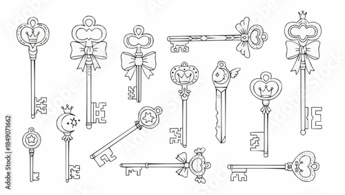 Collection of Ornate Vintage Keys with Decorative Bows and Intricate Designs.