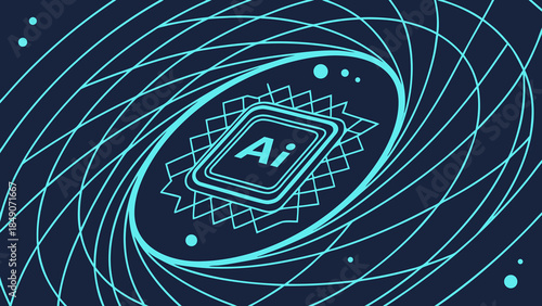 Futuristic Artificial Intelligence Core Concept with Glowing AI Chip and Abstract Digital Energy Waves Vector

