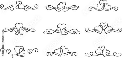 set of heart shaped swirl line art designs