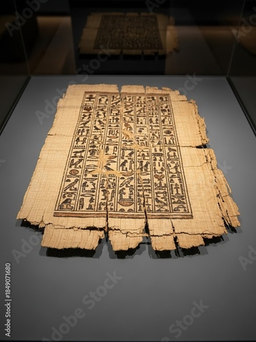 Ancient Egyptian papyrus with intricate hieroglyphics on display